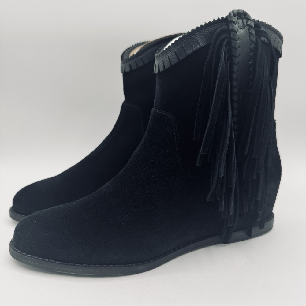 Lucchese Martina Fringe Boots Women's Size 8 B Black Suede‎ Wedge Bootie